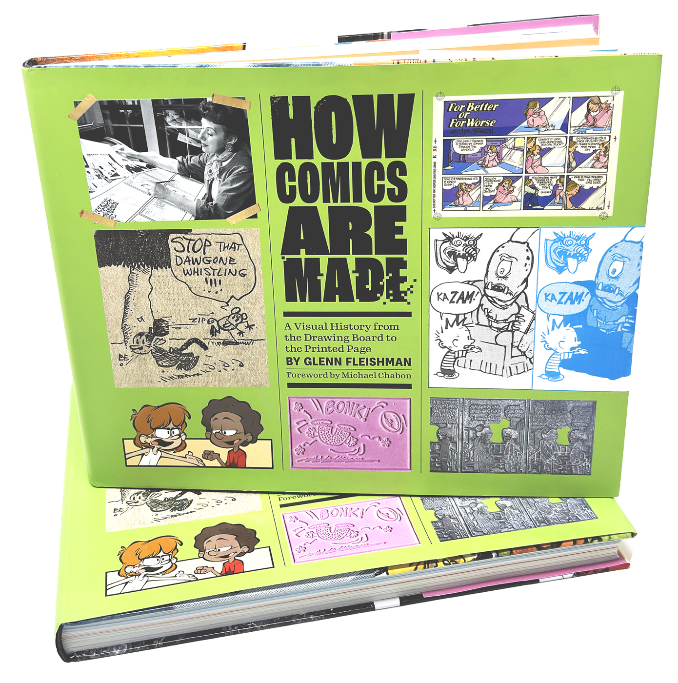 A stack of hardcover copies of How Comics Are Made by Glenn Fleishman, designed by Mark Kaufman; the cover shows the bold title against a green background surrounded by a grid of comic art, cartoonist photos, and printing artifacts.